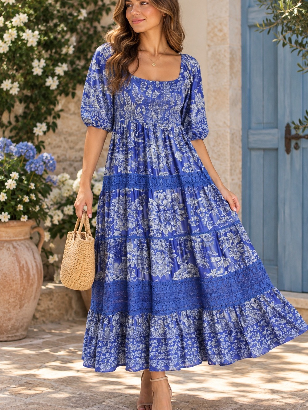 Angie Blue Floral Smocked Tiered Maxi Dress Size Large